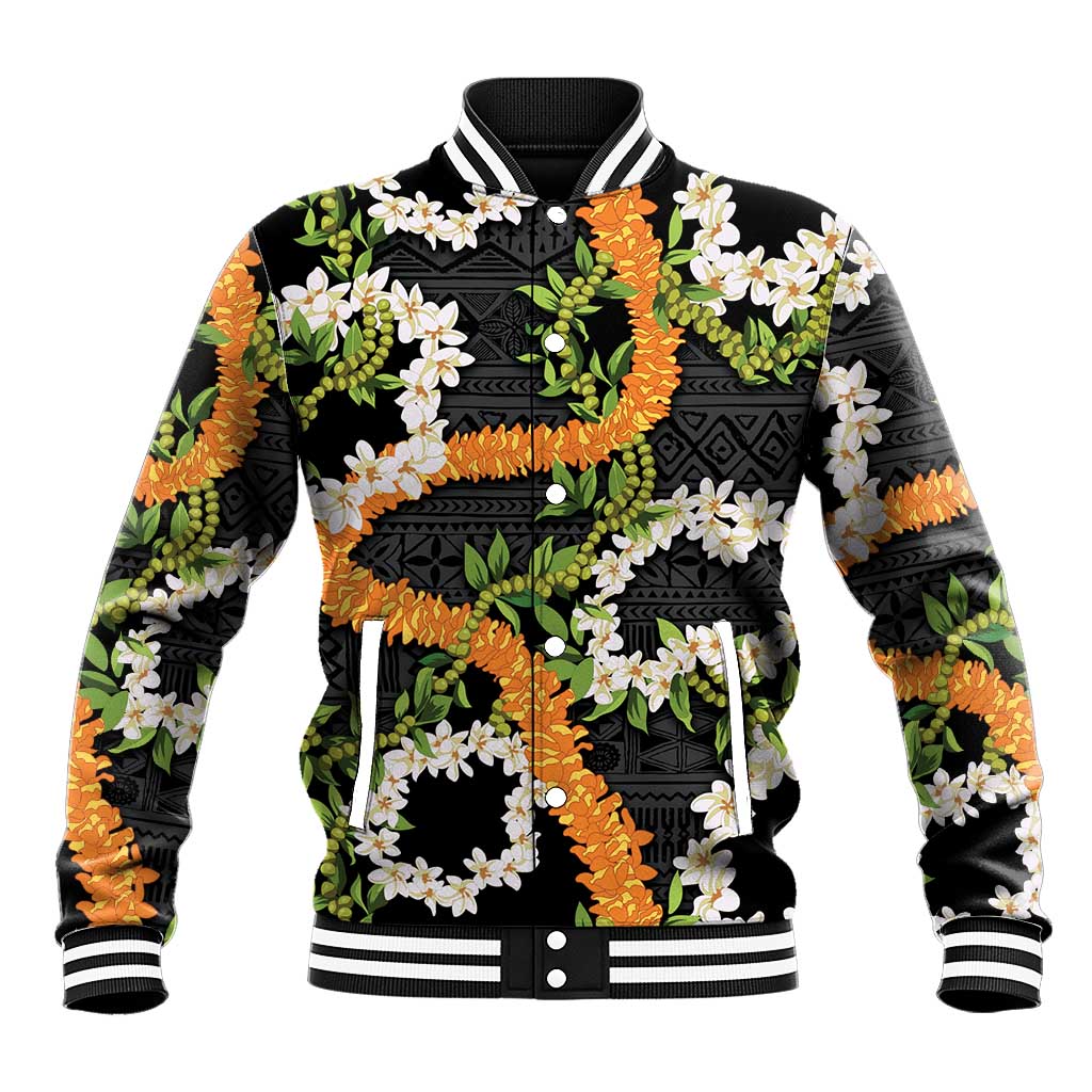 Aloha Festive Hawaii Baseball Jacket Mokihana - Maile and Ilima on Black LT7 Unisex Black - Polynesian Pride