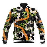 Aloha Festive Hawaii Baseball Jacket Mokihana - Maile and Ilima on Black LT7 Unisex Black - Polynesian Pride