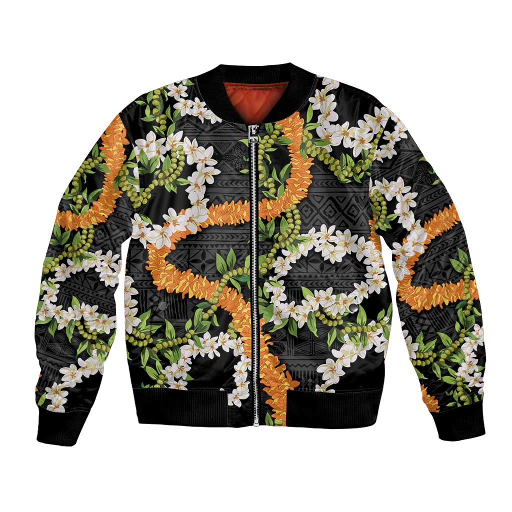 Aloha Festive Hawaii Bomber Jacket Mokihana - Maile and Ilima on Black LT7 Unisex Black - Polynesian Pride