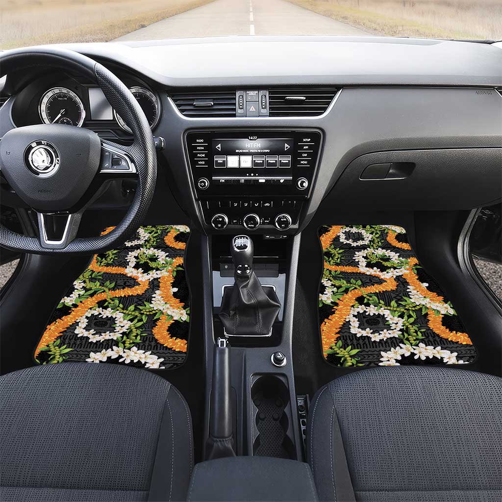 Aloha Festive Hawaii Car Mats Mokihana - Maile and Ilima on Black LT7 Set 2pcs - Front Black - Polynesian Pride