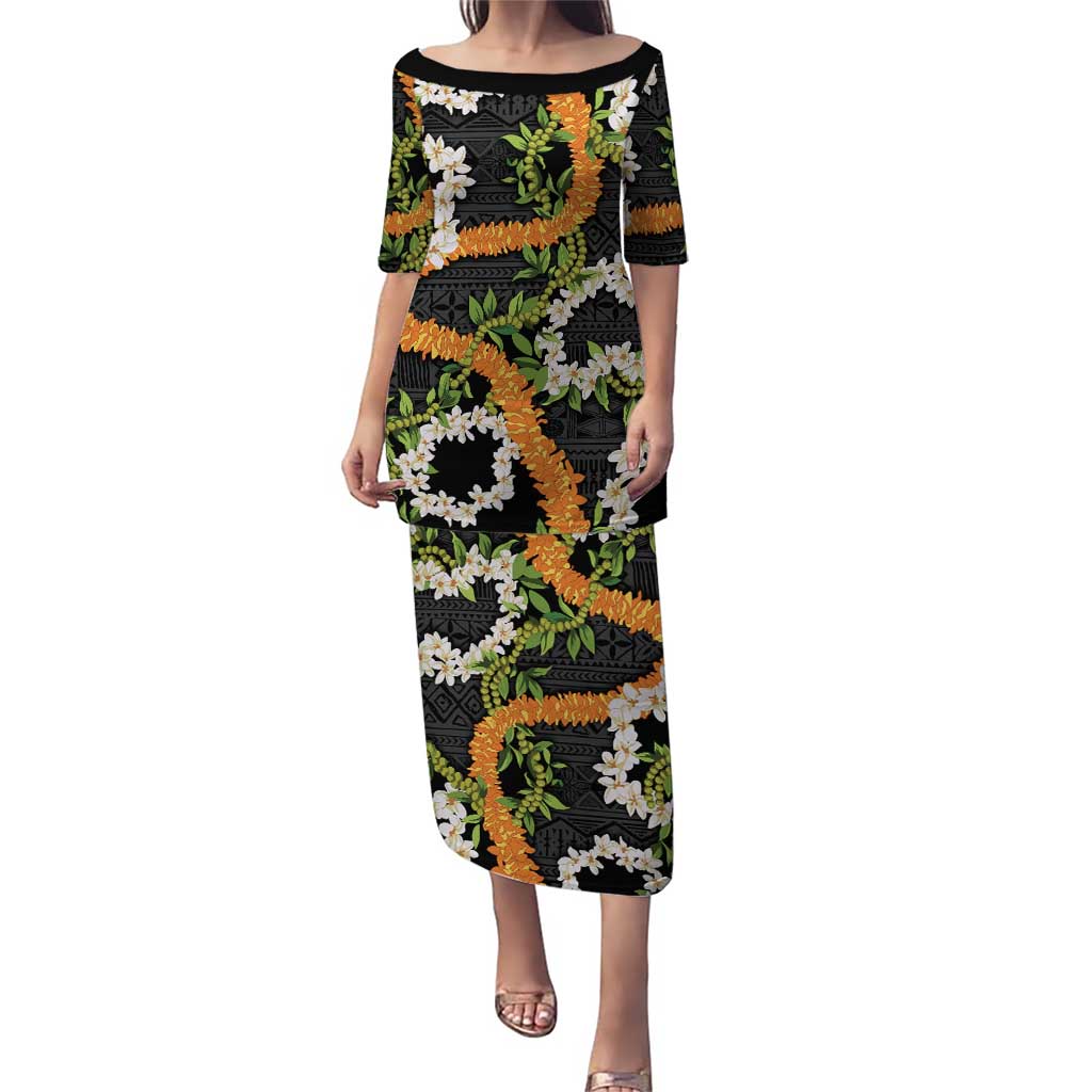 Aloha Festive Hawaii Puletasi Mokihana - Maile and Ilima on Black LT7 Long Dress Black - Polynesian Pride