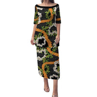 Aloha Festive Hawaii Puletasi Mokihana - Maile and Ilima on Black LT7 Long Dress Black - Polynesian Pride