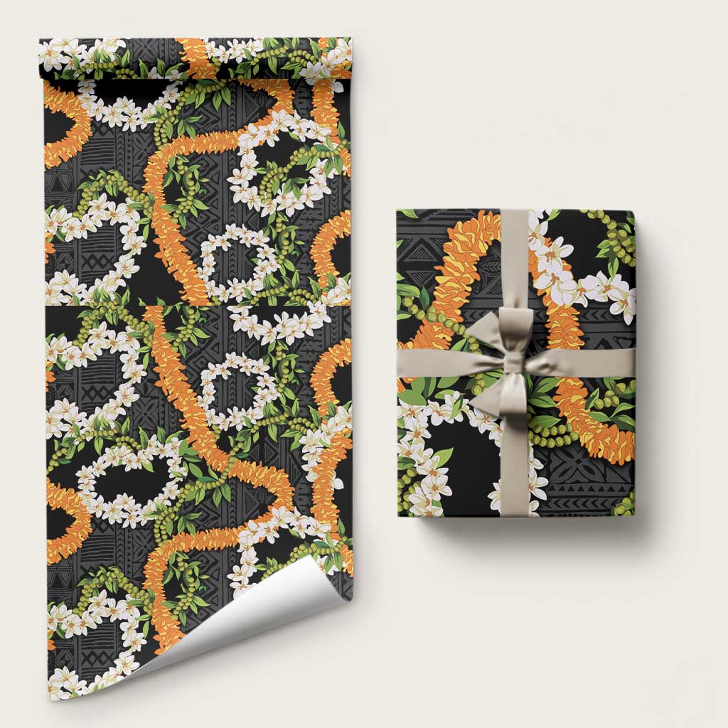Aloha Festive Hawaii Wrapping Paper Mokihana - Maile and Ilima on Black LT7 58" × 23" Black - Polynesian Pride