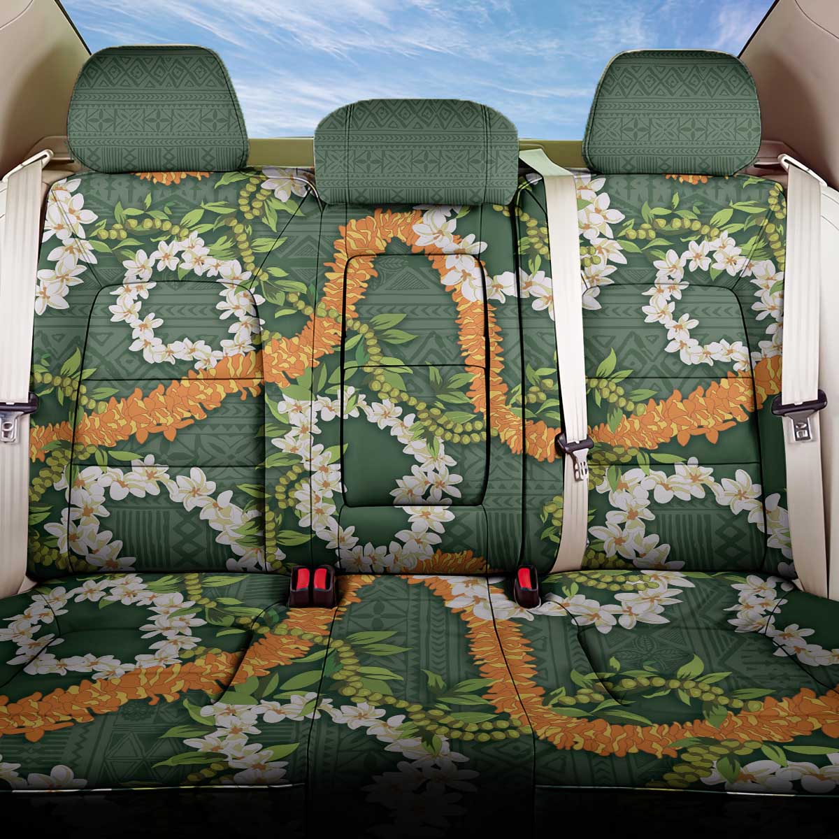 Aloha Festive Hawaii Back Car Seat Cover Mokihana - Maile and Ilima on Forest Green LT7 One Size Forest Green - Polynesian Pride