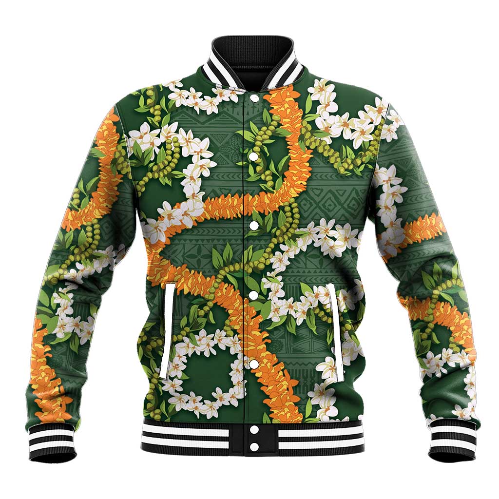 Aloha Festive Hawaii Baseball Jacket Mokihana - Maile and Ilima on Forest Green LT7 Unisex Forest Green - Polynesian Pride