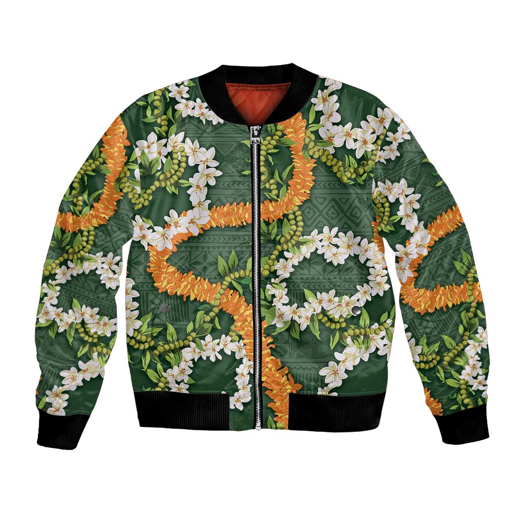 Aloha Festive Hawaii Bomber Jacket Mokihana - Maile and Ilima on Forest Green LT7 Unisex Forest Green - Polynesian Pride