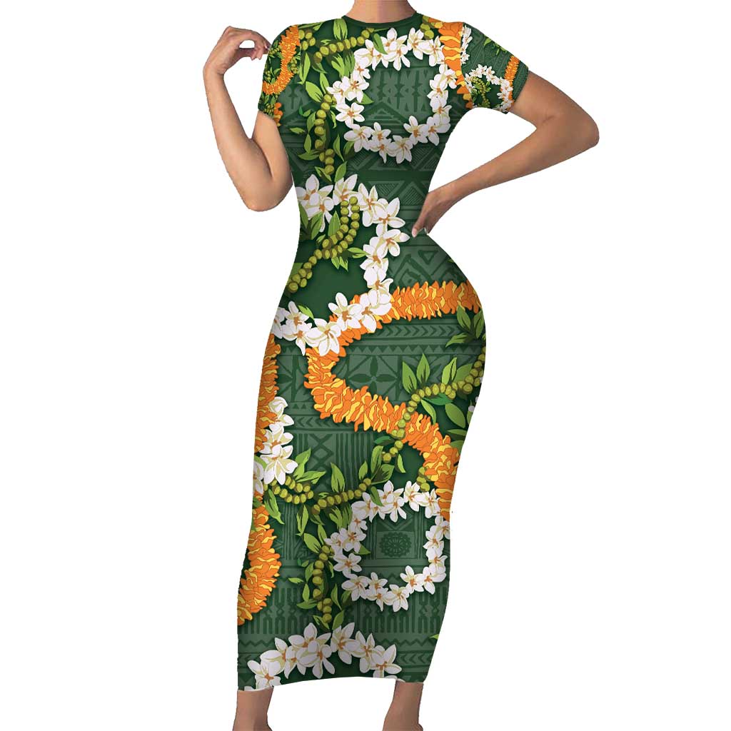 Aloha Festive Hawaii Short Sleeve Bodycon Dress Mokihana - Maile and Ilima on Forest Green LT7 Long Dress Forest Green - Polynesian Pride
