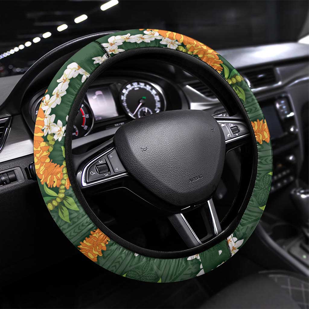 Aloha Festive Hawaii Steering Wheel Cover Mokihana - Maile and Ilima on Forest Green LT7 Universal Fit Forest Green - Polynesian Pride