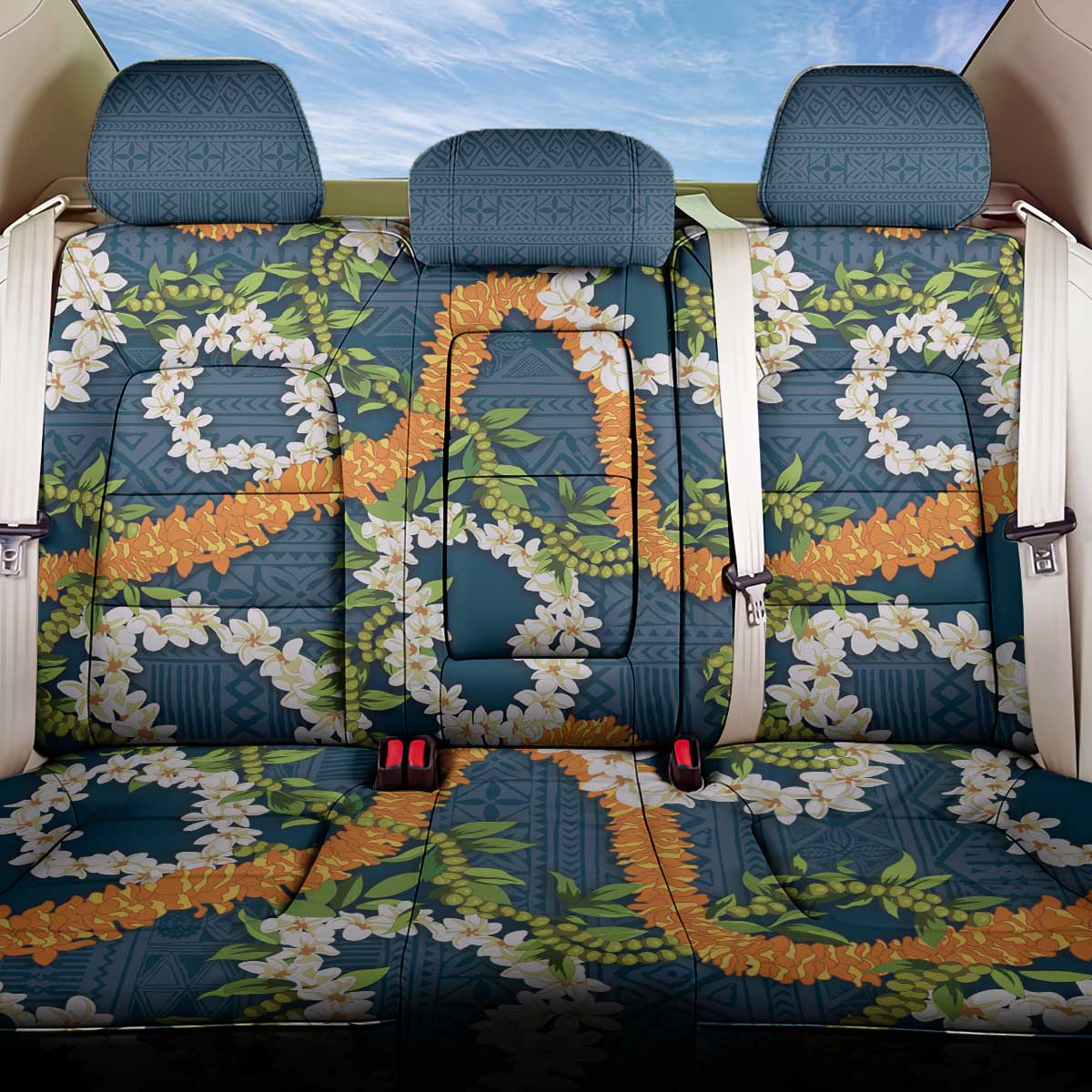 Aloha Festive Hawaii Back Car Seat Cover Mokihana - Maile and Ilima on Navy Blue LT7 One Size Navy Blue - Polynesian Pride