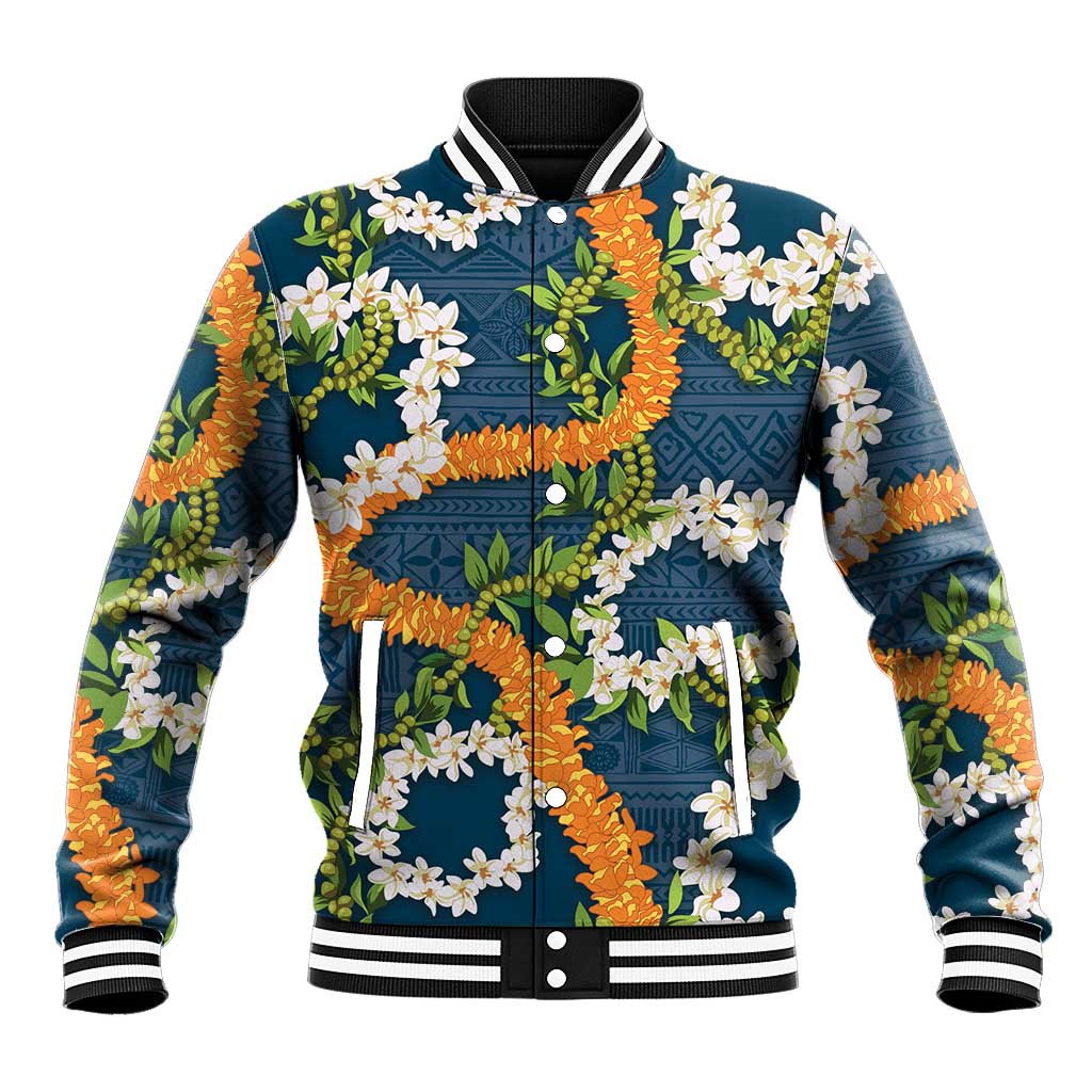 Aloha Festive Hawaii Baseball Jacket Mokihana - Maile and Ilima on Navy Blue LT7 Unisex Navy Blue - Polynesian Pride