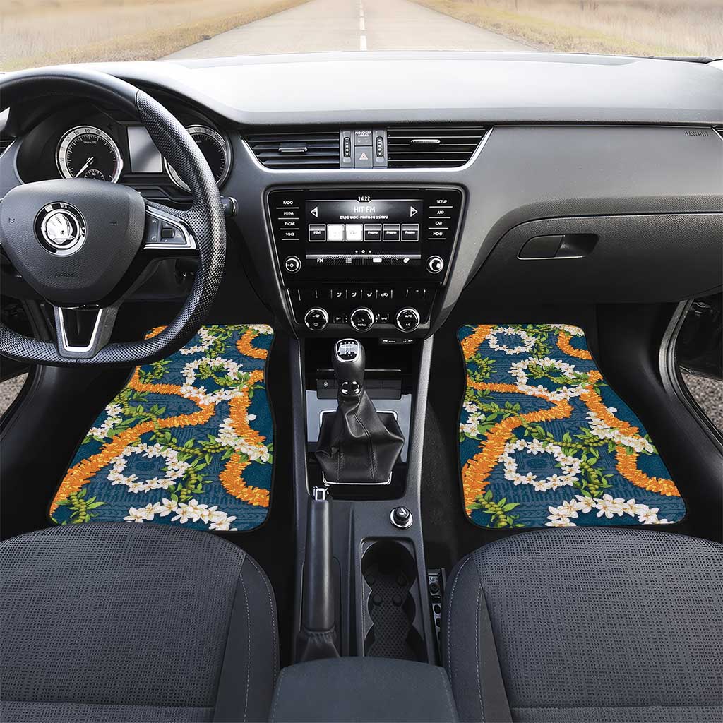 Aloha Festive Hawaii Car Mats Mokihana - Maile and Ilima on Navy Blue LT7 Set 2pcs - Front Navy Blue - Polynesian Pride