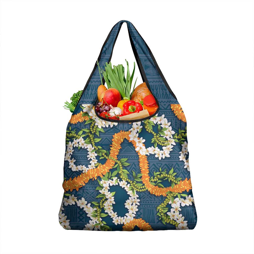 Aloha Festive Hawaii Grocery Bag Mokihana - Maile and Ilima on Navy Blue LT7 1-pack One Size Navy Blue - Polynesian Pride
