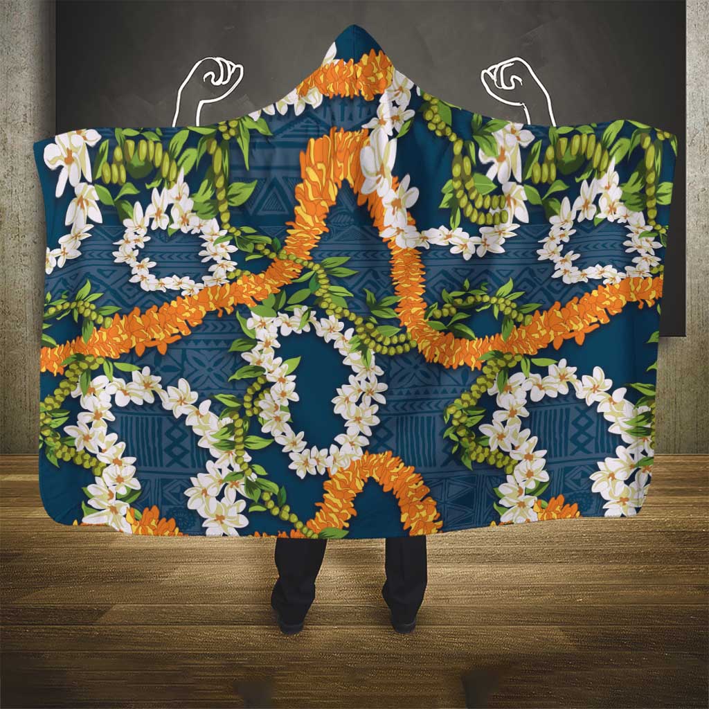 Aloha Festive Hawaii Hooded Blanket Mokihana - Maile and Ilima on Navy Blue LT7 - Polynesian Pride