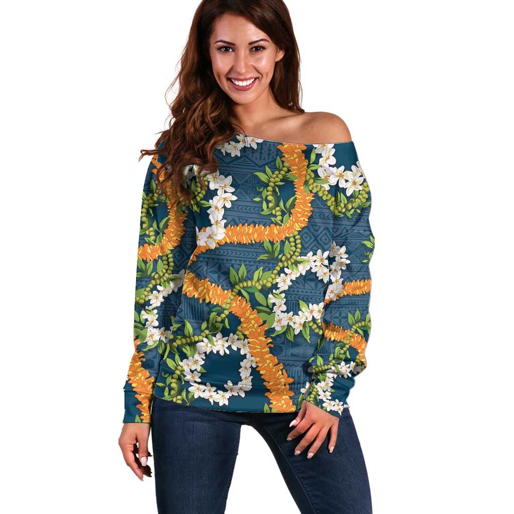 Aloha Festive Hawaii Off Shoulder Sweater Mokihana - Maile and Ilima on Navy Blue LT7 Women Navy Blue - Polynesian Pride
