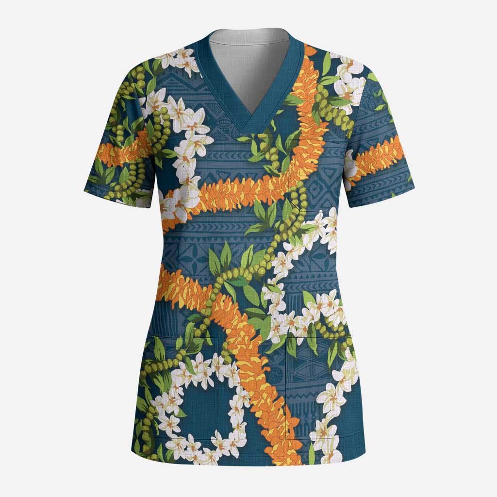 Aloha Festive Hawaii Scrub Top Mokihana - Maile and Ilima on Navy Blue LT7 Adult Navy Blue - Polynesian Pride