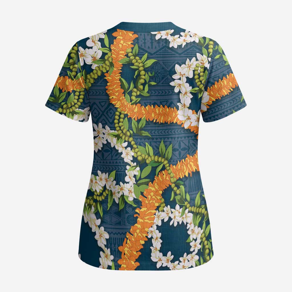 Aloha Festive Hawaii Scrub Top Mokihana - Maile and Ilima on Navy Blue LT7 - Polynesian Pride