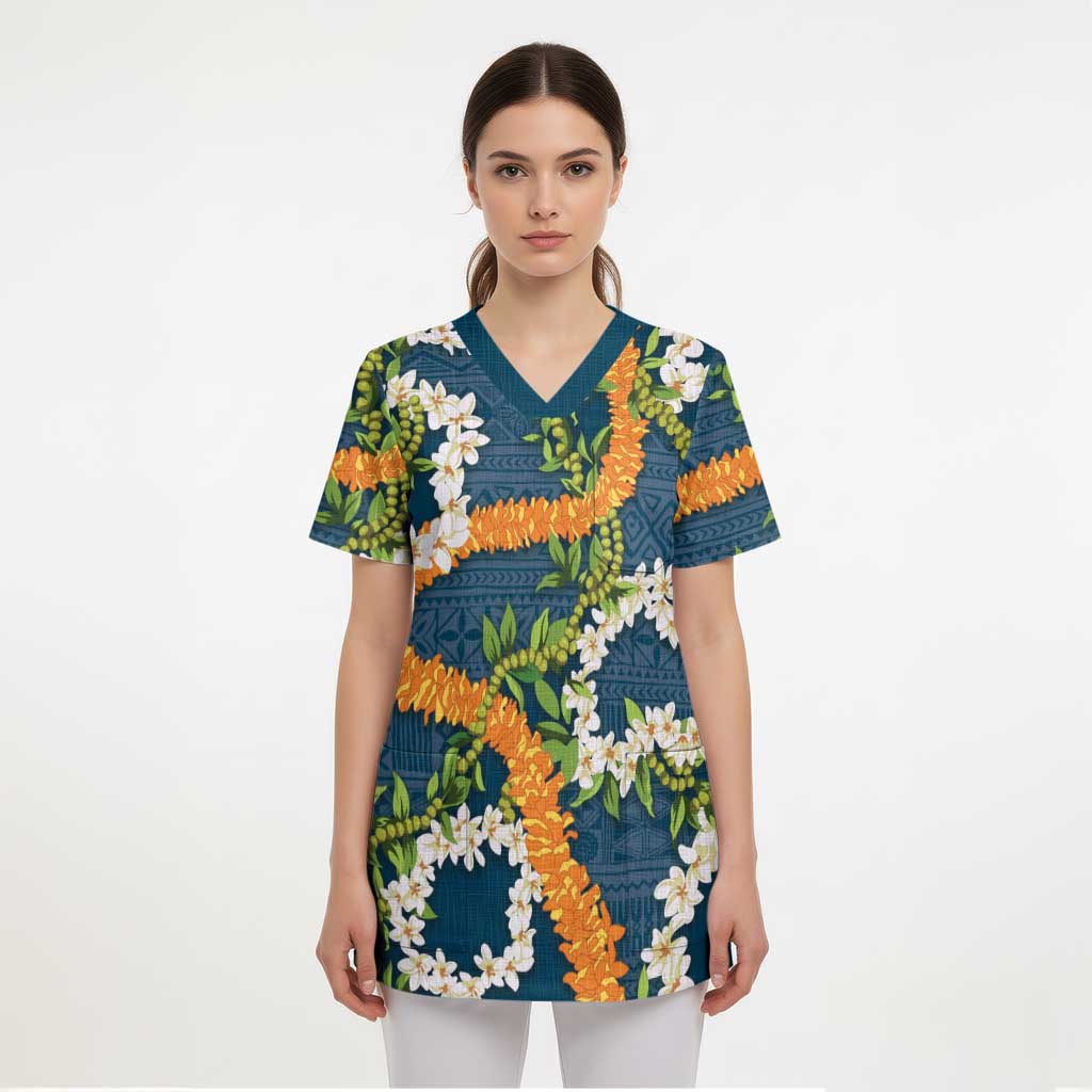 Aloha Festive Hawaii Scrub Top Mokihana - Maile and Ilima on Navy Blue LT7 - Polynesian Pride