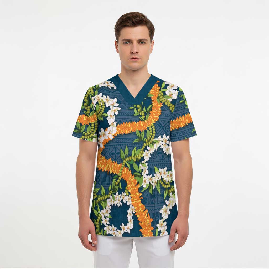 Aloha Festive Hawaii Scrub Top Mokihana - Maile and Ilima on Navy Blue LT7 - Polynesian Pride