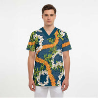 Aloha Festive Hawaii Scrub Top Mokihana - Maile and Ilima on Navy Blue LT7 - Polynesian Pride