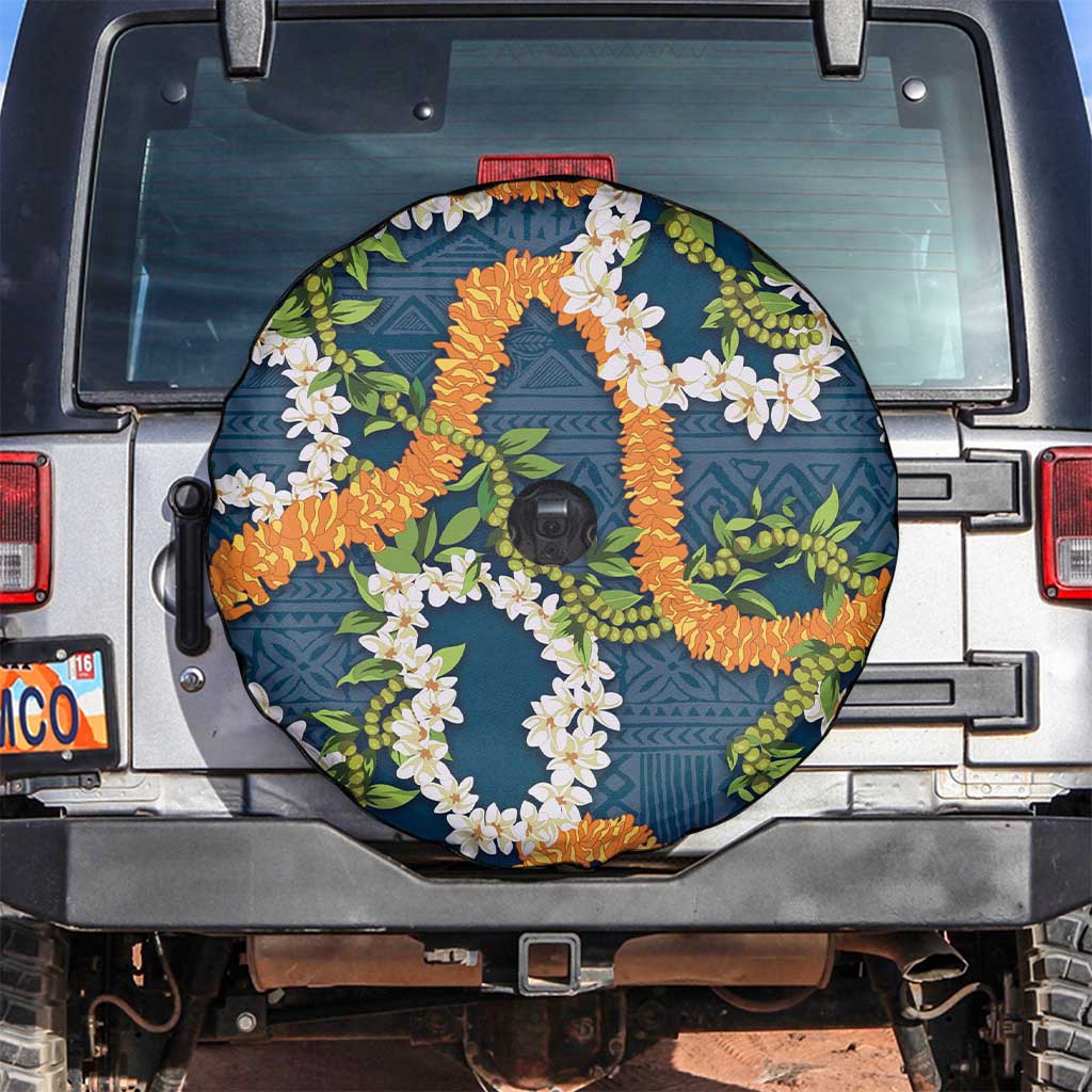 Aloha Festive Hawaii Spare Tire Cover Mokihana - Maile and Ilima on Navy Blue LT7 Navy Blue - Polynesian Pride