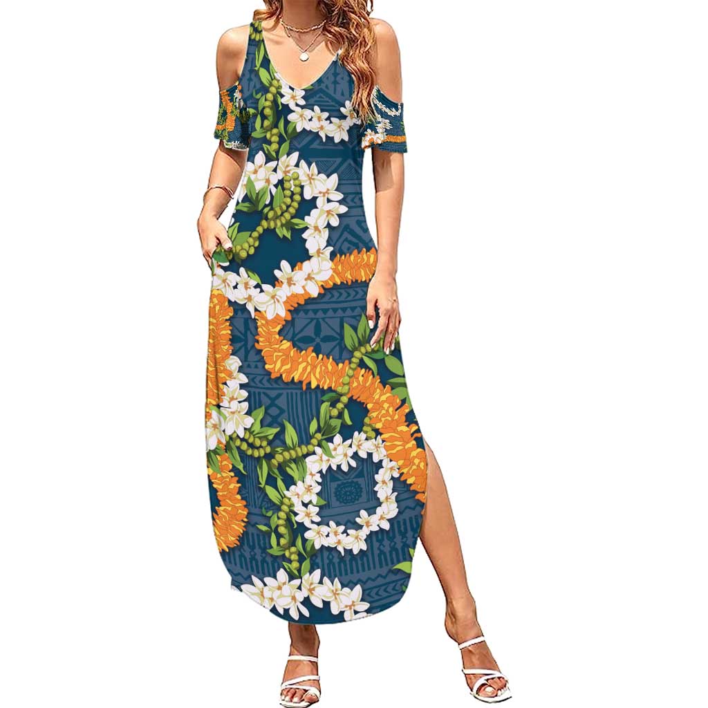Aloha Festive Hawaii Summer Maxi Dress Mokihana - Maile and Ilima on Navy Blue LT7 Women Navy Blue - Polynesian Pride