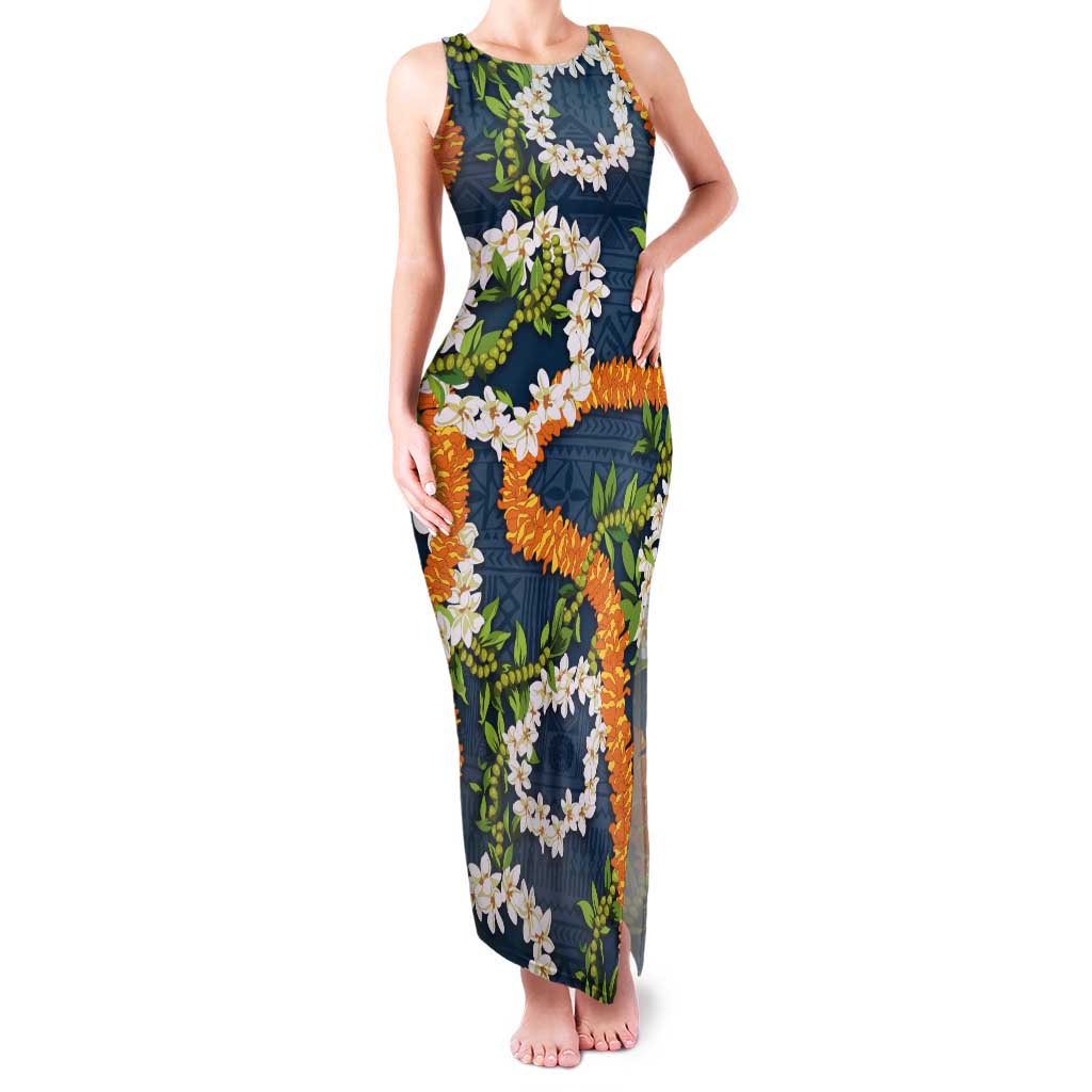 Aloha Festive Hawaii Tank Maxi Dress Mokihana - Maile and Ilima on Navy Blue LT7 Women Navy Blue - Polynesian Pride