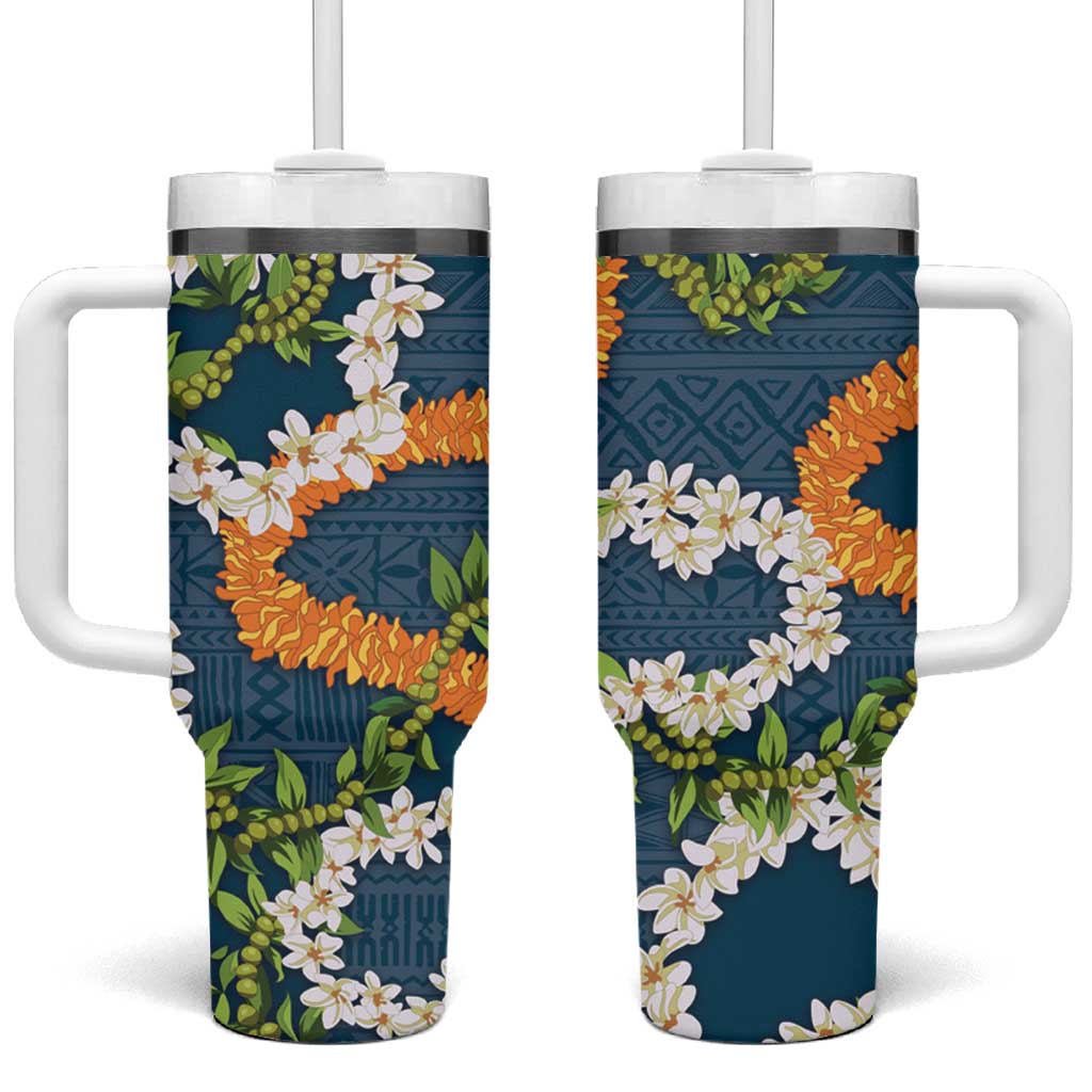 Aloha Festive Hawaii Tumbler With Handle Mokihana - Maile and Ilima on Navy Blue LT7 One Size: 40 oz Navy Blue - Polynesian Pride