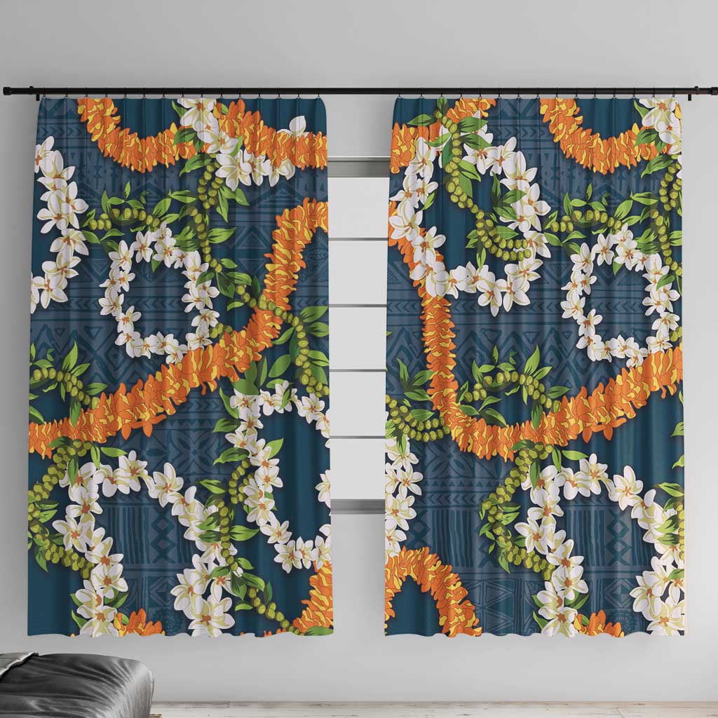 Aloha Festive Hawaii Window Curtain Mokihana - Maile and Ilima on Navy Blue LT7 With Hooks Navy Blue - Polynesian Pride