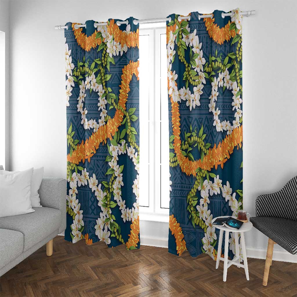 Aloha Festive Hawaii Window Curtain Mokihana - Maile and Ilima on Navy Blue LT7 With Grommets Navy Blue - Polynesian Pride