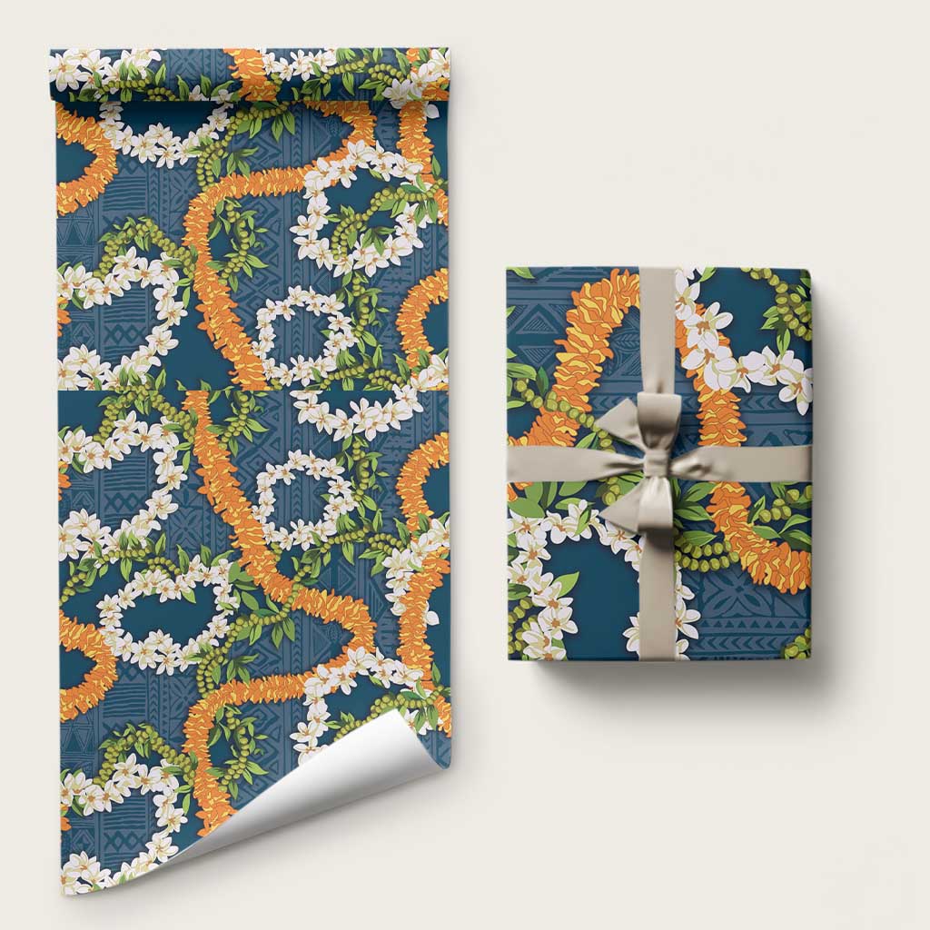 Aloha Festive Hawaii Wrapping Paper Mokihana - Maile and Ilima on Navy Blue LT7 58" × 23" Navy Blue - Polynesian Pride