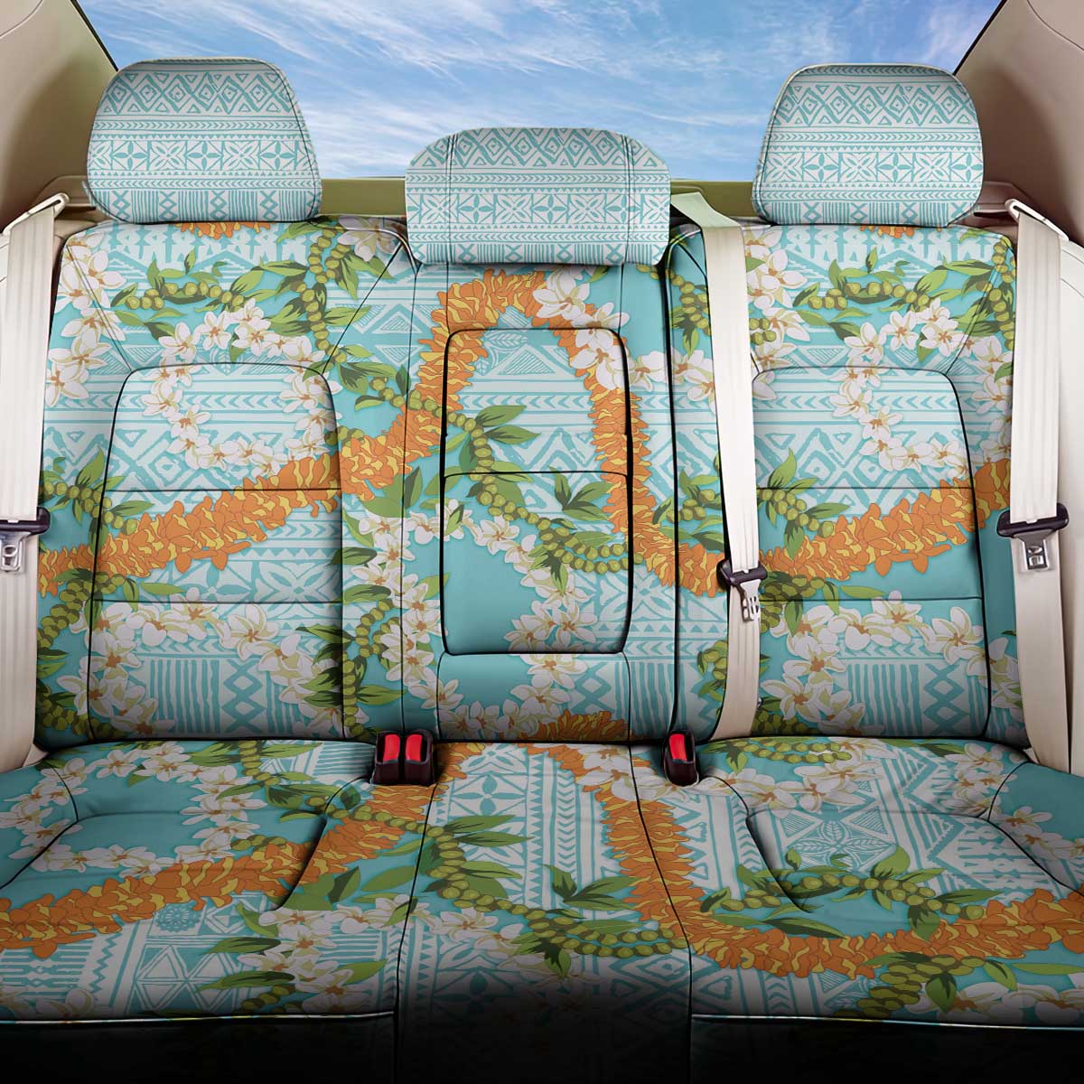 Aloha Festive Hawaii Back Car Seat Cover Mokihana - Maile and Ilima on Turquoise LT7 One Size Turquoise - Polynesian Pride