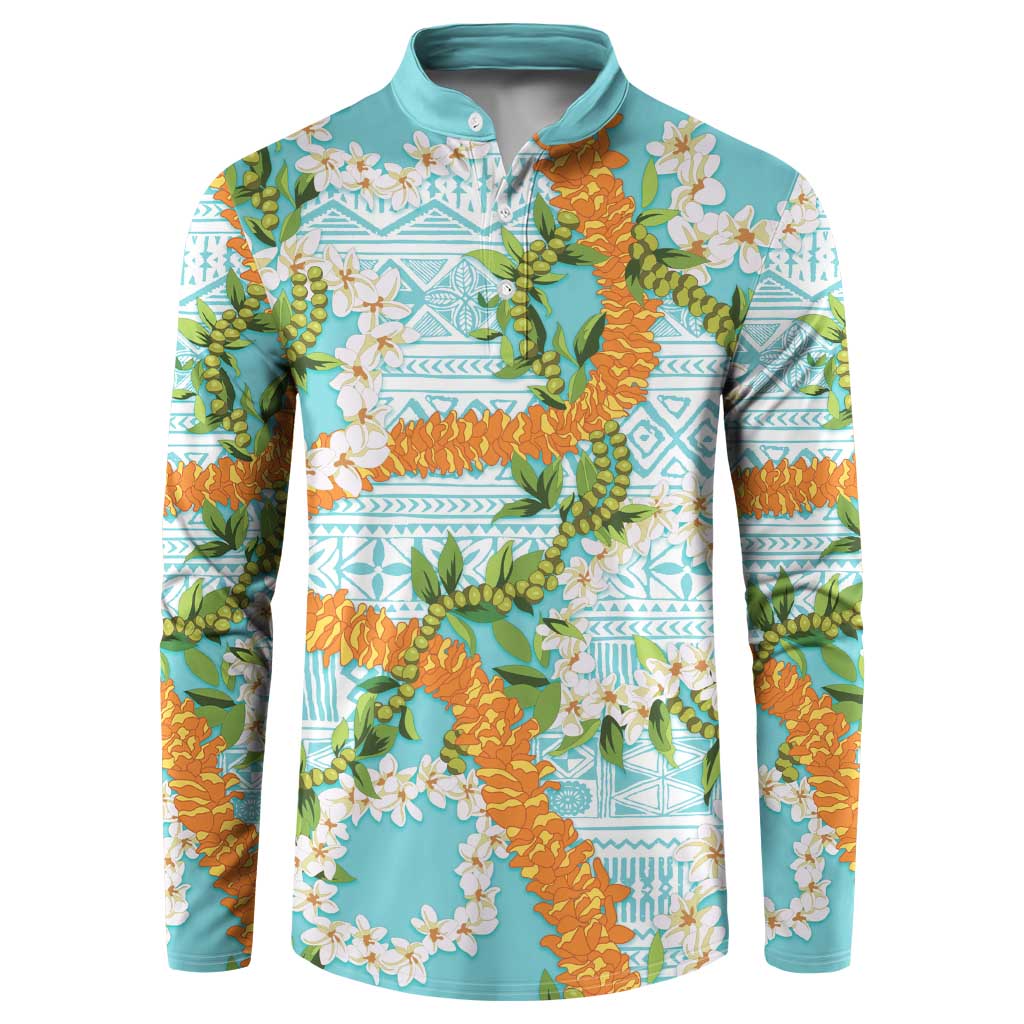 Aloha Festive Hawaii Button Sweatshirt Mokihana - Maile and Ilima on Turquoise LT7 Turquoise - Polynesian Pride