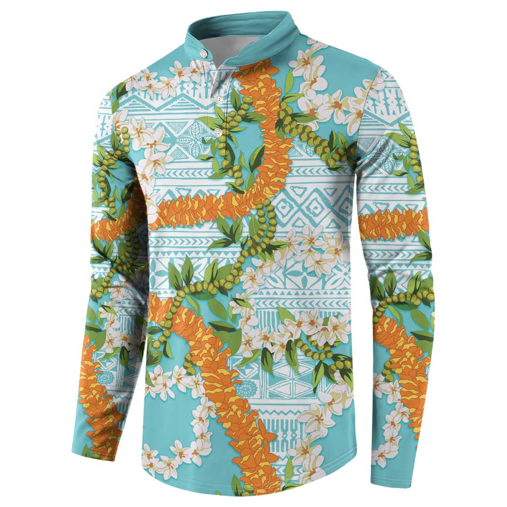 Aloha Festive Hawaii Button Sweatshirt Mokihana - Maile and Ilima on Turquoise LT7 - Polynesian Pride
