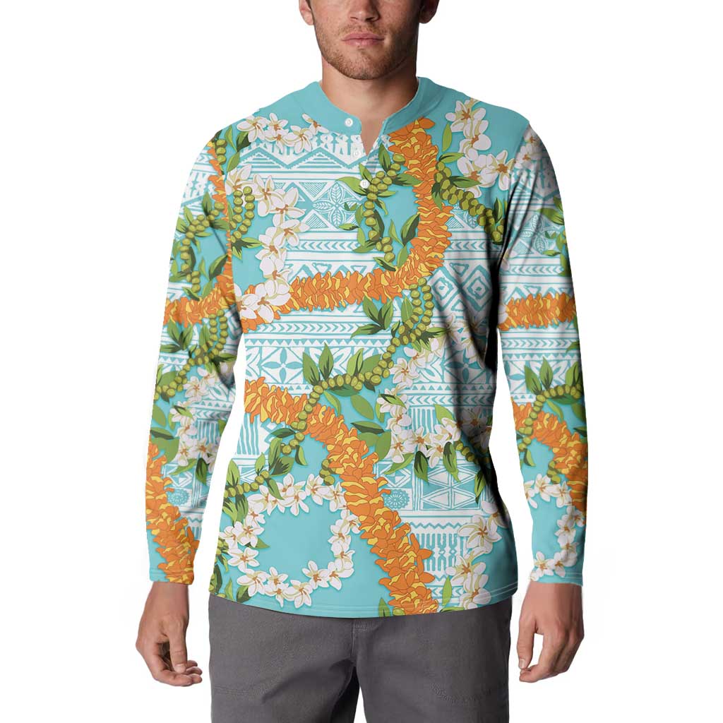Aloha Festive Hawaii Button Sweatshirt Mokihana - Maile and Ilima on Turquoise LT7 - Polynesian Pride