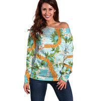Aloha Festive Hawaii Off Shoulder Sweater Mokihana - Maile and Ilima on Turquoise LT7 Women Turquoise - Polynesian Pride