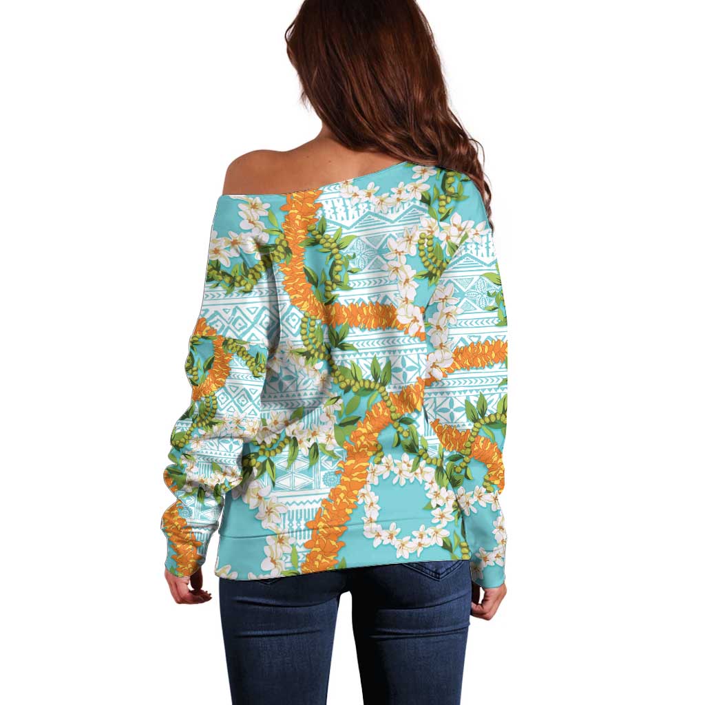 Aloha Festive Hawaii Off Shoulder Sweater Mokihana - Maile and Ilima on Turquoise LT7 - Polynesian Pride