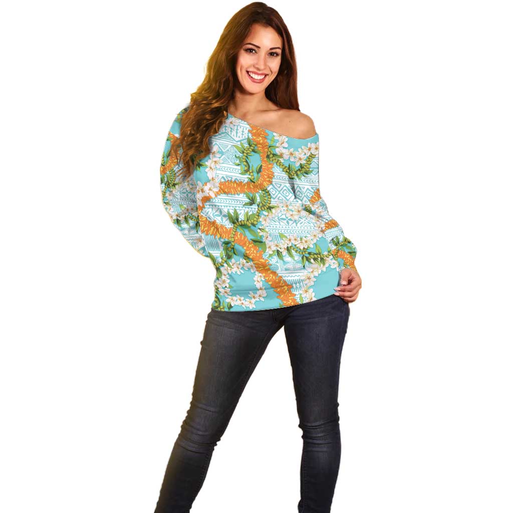 Aloha Festive Hawaii Off Shoulder Sweater Mokihana - Maile and Ilima on Turquoise LT7 - Polynesian Pride