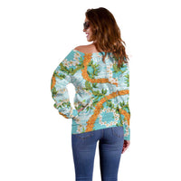 Aloha Festive Hawaii Off Shoulder Sweater Mokihana - Maile and Ilima on Turquoise LT7 - Polynesian Pride