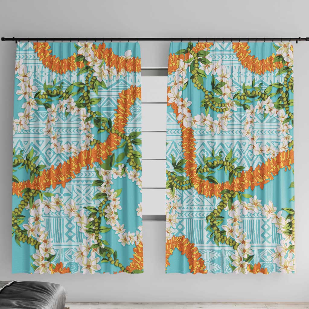 Aloha Festive Hawaii Window Curtain Mokihana - Maile and Ilima on Turquoise LT7 With Hooks Turquoise - Polynesian Pride