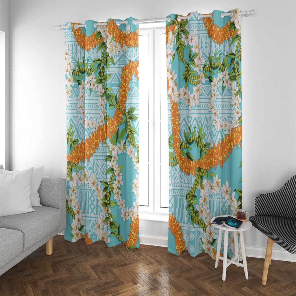 Aloha Festive Hawaii Window Curtain Mokihana - Maile and Ilima on Turquoise LT7 With Grommets Turquoise - Polynesian Pride