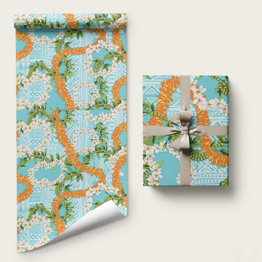 Aloha Festive Hawaii Wrapping Paper Mokihana - Maile and Ilima on Turquoise LT7 58" × 23" Turquoise - Polynesian Pride