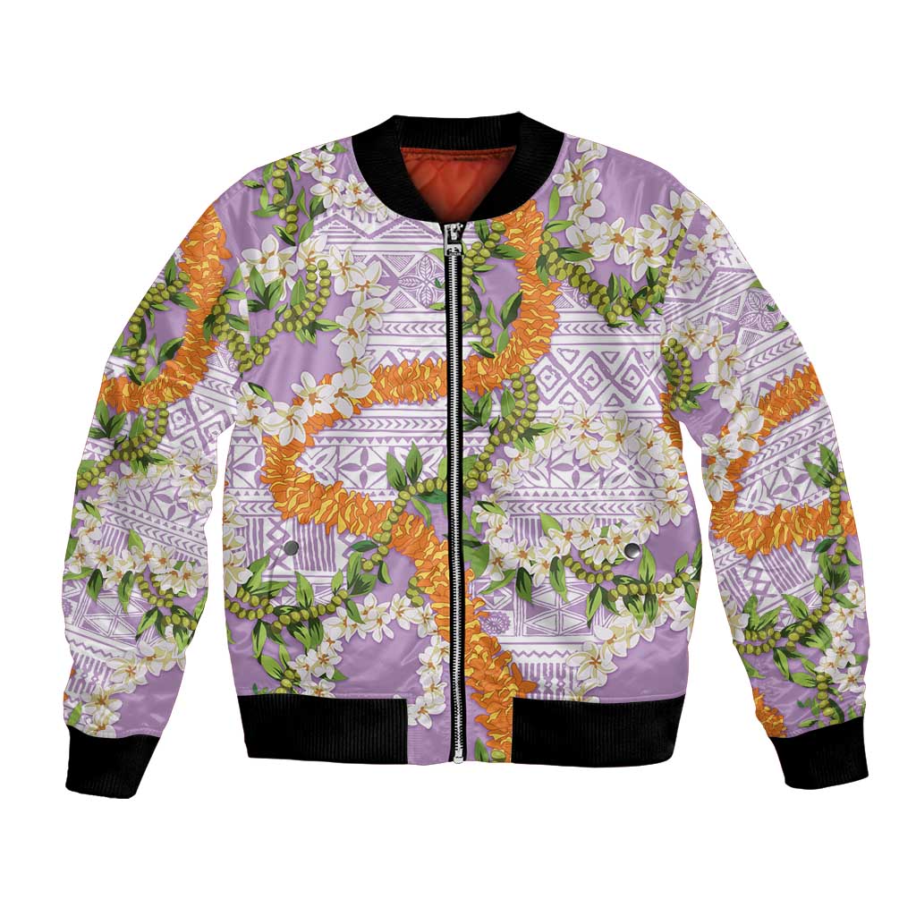 Aloha Festive Hawaii Bomber Jacket Mokihana - Maile and Ilima on Lilac LT7 Unisex Lilac - Polynesian Pride
