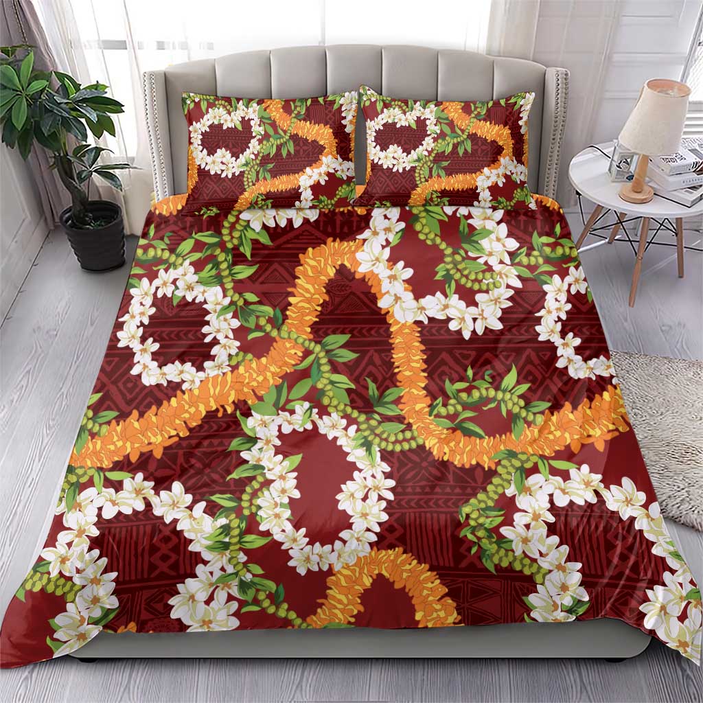 Aloha Festive Hawaii Bedding Set Mokihana - Maile and Ilima on Crimson LT7 - Polynesian Pride