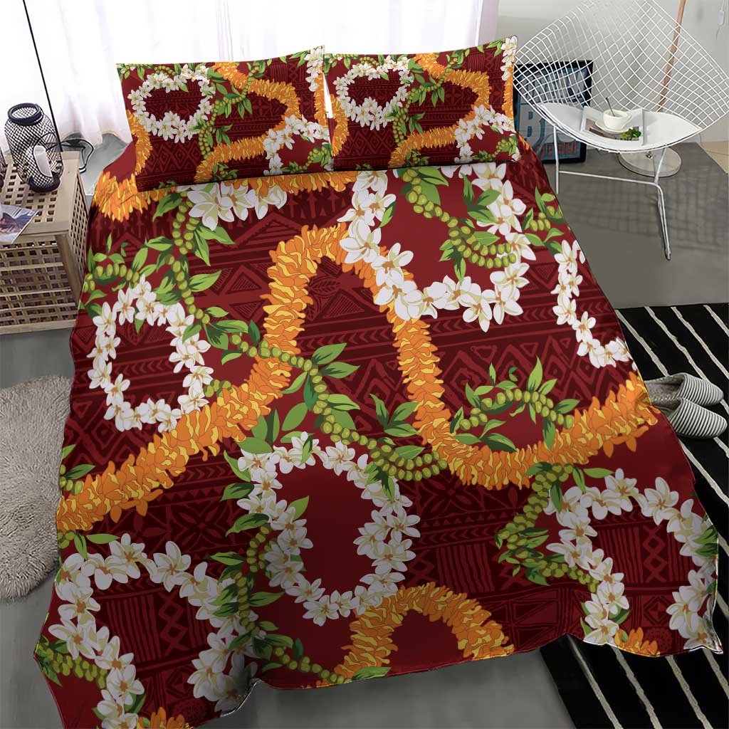 Aloha Festive Hawaii Bedding Set Mokihana - Maile and Ilima on Crimson LT7 - Polynesian Pride