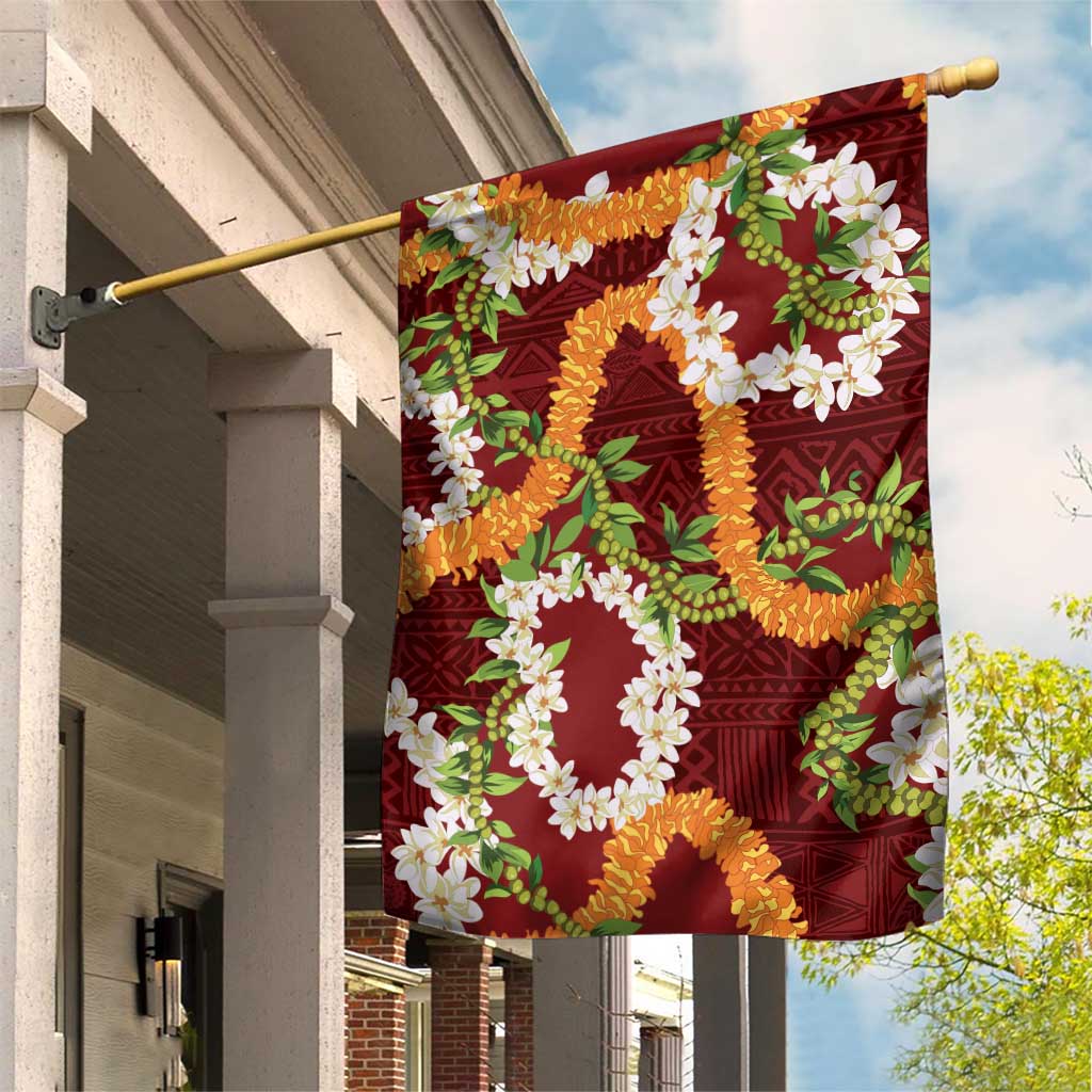 Aloha Festive Hawaii Garden Flag Mokihana - Maile and Ilima on Crimson LT7 House Flag Crimson - Polynesian Pride