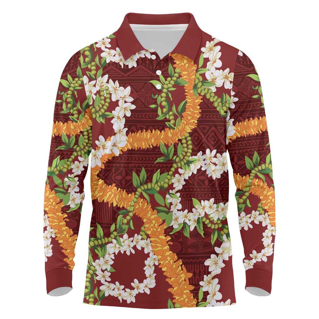 Aloha Festive Hawaii Long Sleeve Polo Shirt Mokihana - Maile and Ilima on Crimson LT7 Crimson - Polynesian Pride