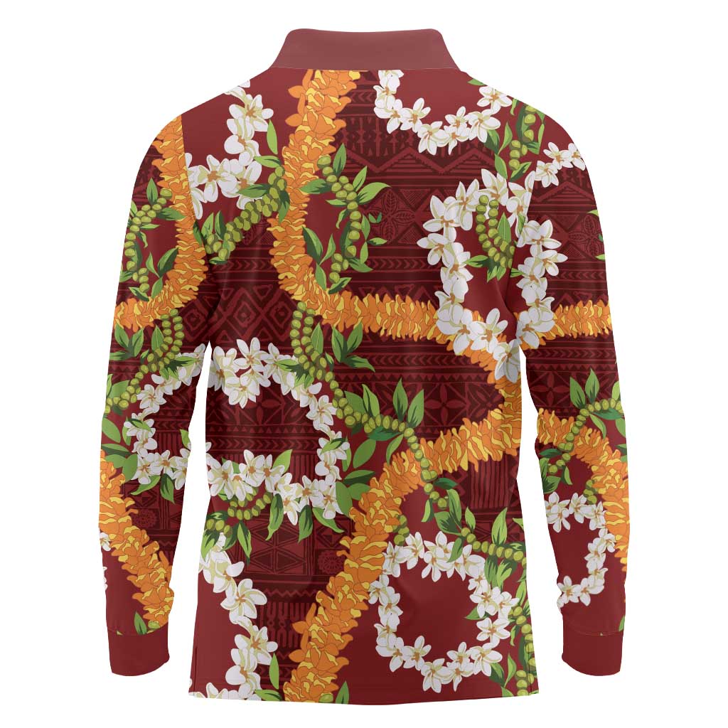 Aloha Festive Hawaii Long Sleeve Polo Shirt Mokihana - Maile and Ilima on Crimson LT7 - Polynesian Pride