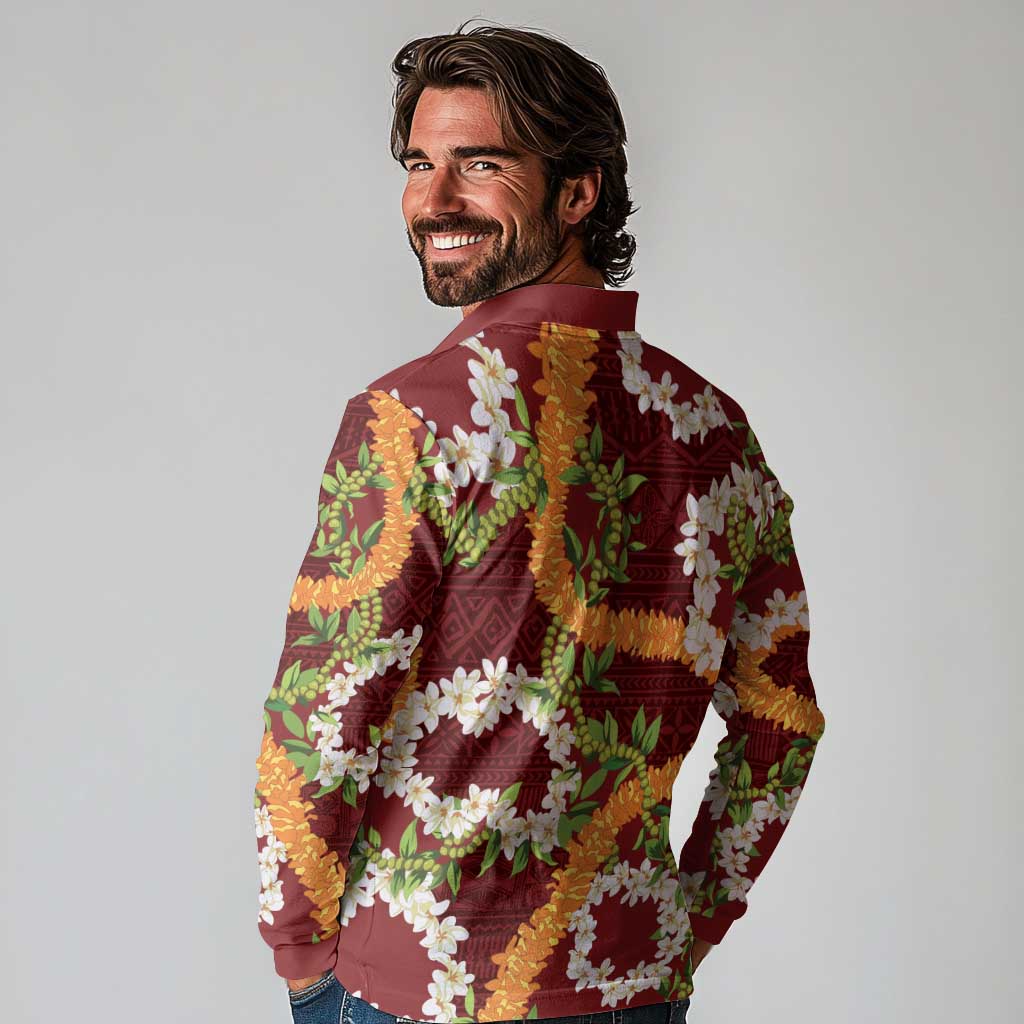 Aloha Festive Hawaii Long Sleeve Polo Shirt Mokihana - Maile and Ilima on Crimson LT7 - Polynesian Pride