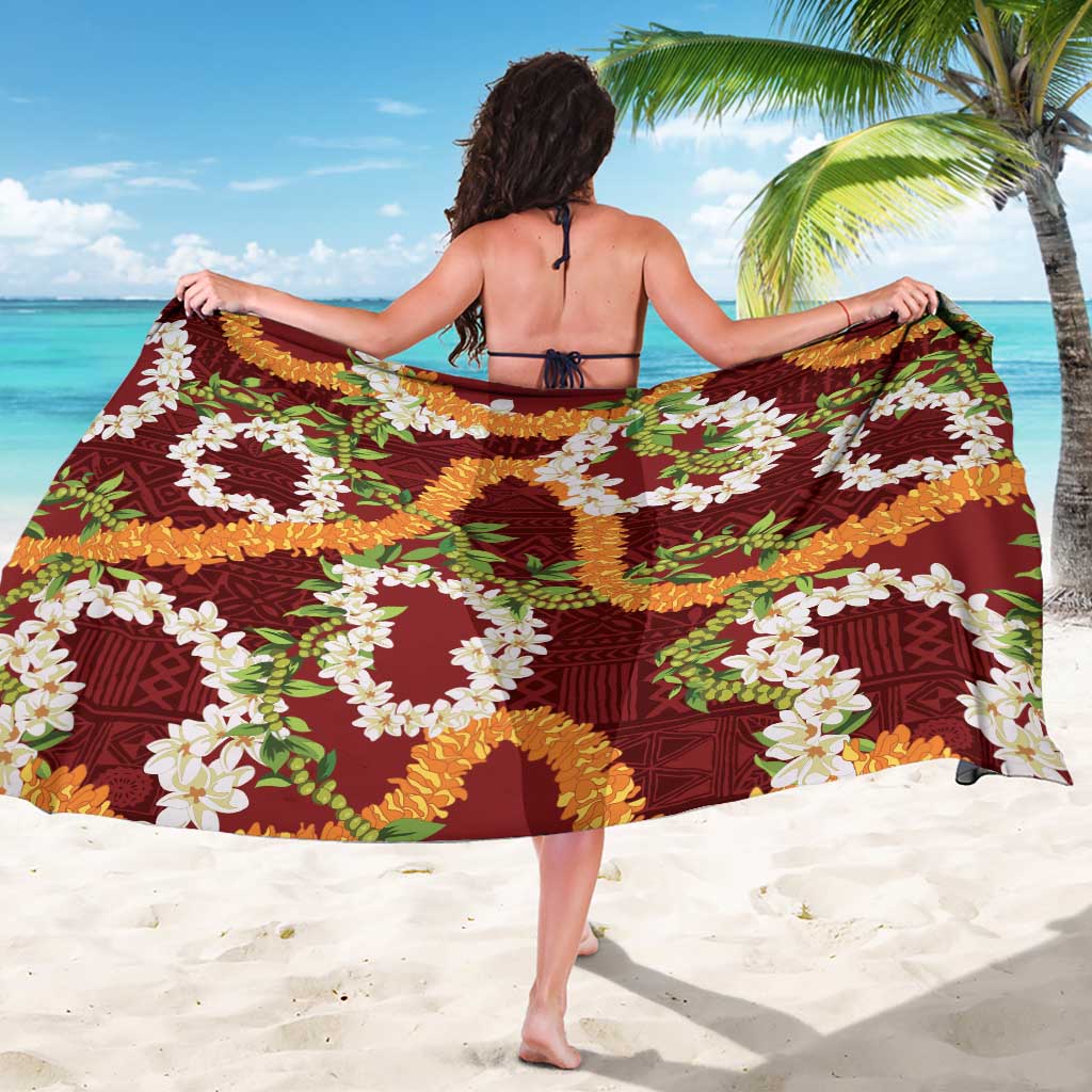 Aloha Festive Hawaii Sarong Mokihana - Maile and Ilima on Crimson LT7 - Polynesian Pride