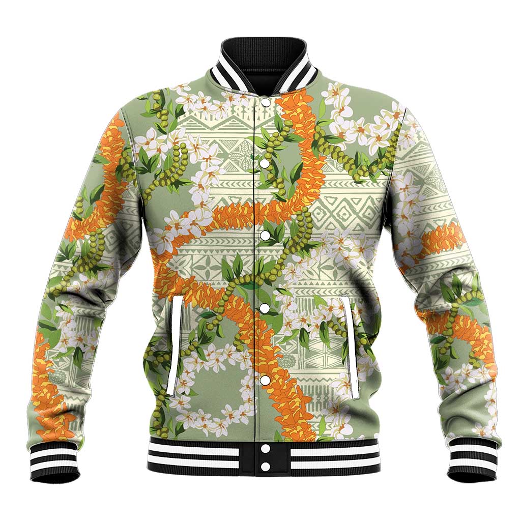 Aloha Festive Hawaii Baseball Jacket Mokihana - Maile Leis in Muted Summer LT7 Unisex Sage Green - Polynesian Pride